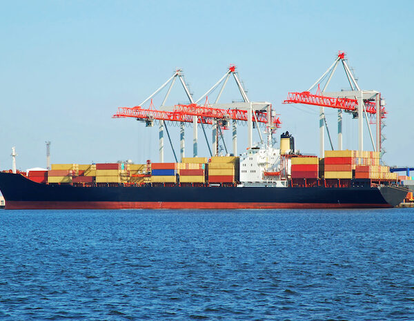 Container ship in a sea industrial freight port